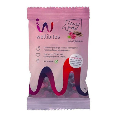 Wellibites Gelégodis Hallon & Saltlakrits Vegansk - Sugar Free & Vegan Candy Raspberry & Salty Licorice 70 g-Swedishness