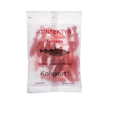 Kolsvart Torsken Svarta vinbär + hallon - Blackcurrant + Raspberry Candyfish 120 g-Swedishness